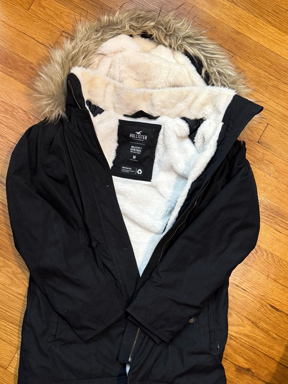 Hollister Black Parka Coat with Cream Faux-Sherpa Lining and Faux-Fur Trim